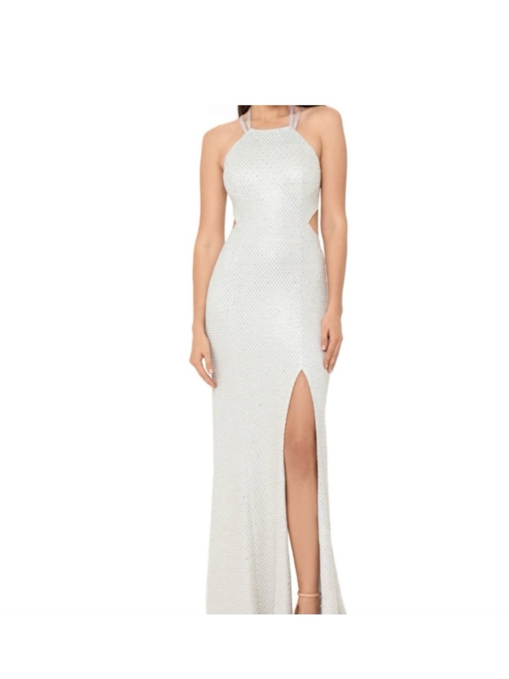 Betsy & Adam Metallic Silver & White Halter Backless Evening Gown with High Slit